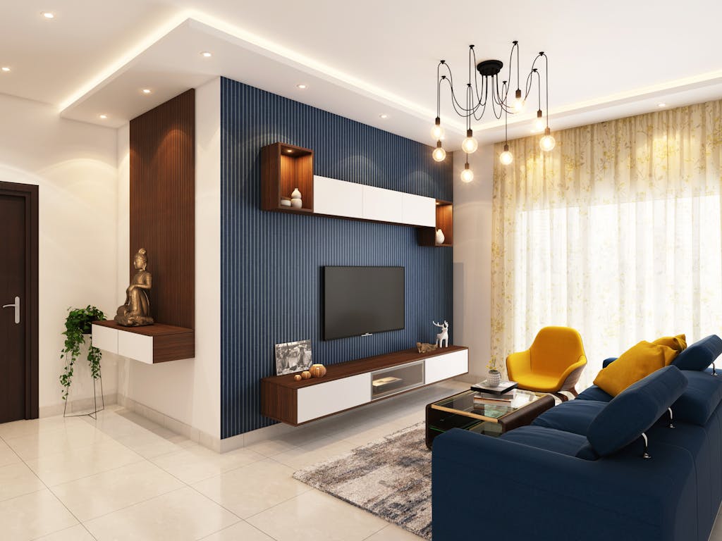 Contemporary and cozy living room interior with elegant decor in Bangalore.