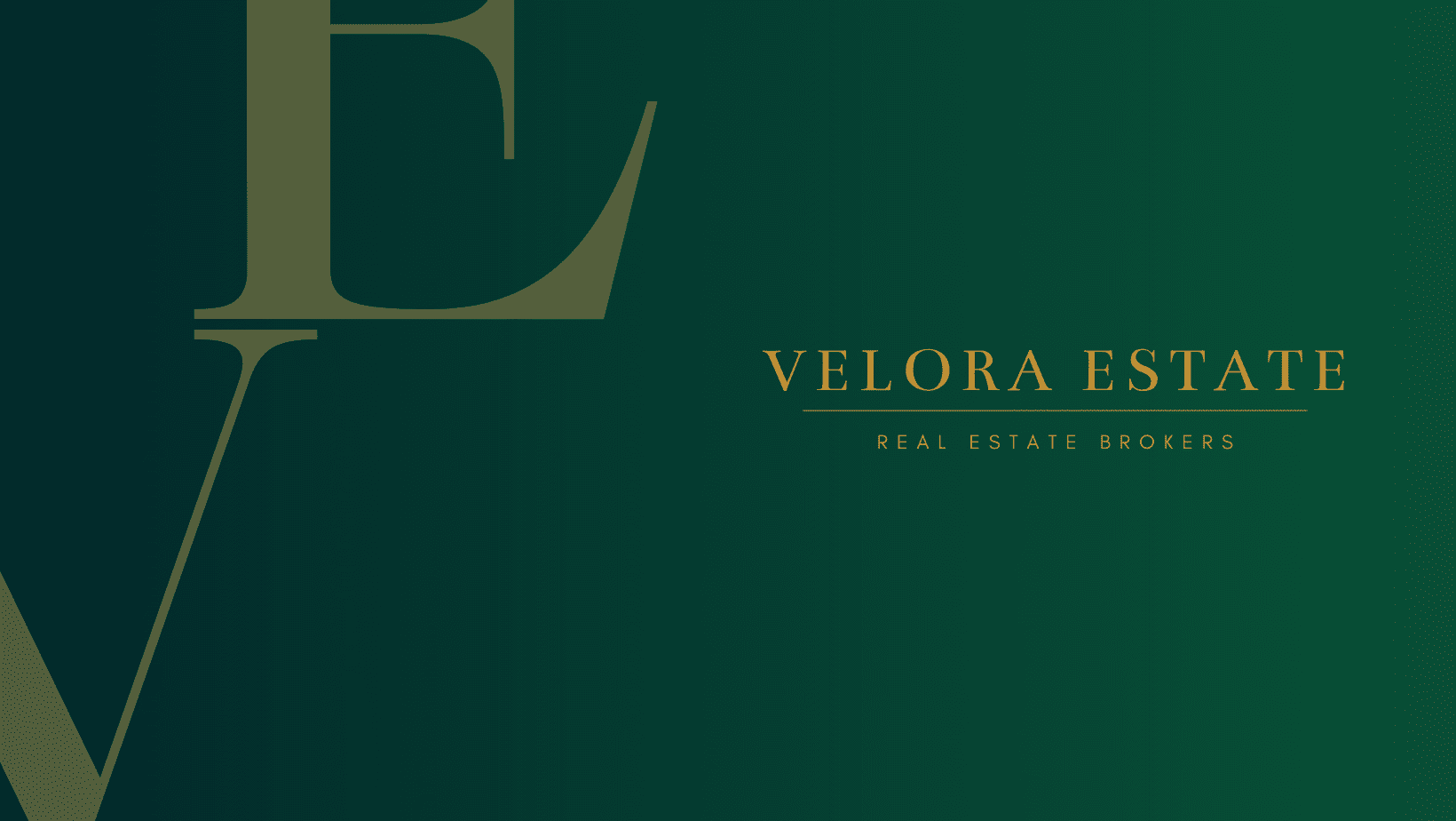 Tło i logo biura Velora Estate w kolorach marki - ciemnozielonym i złotym. 