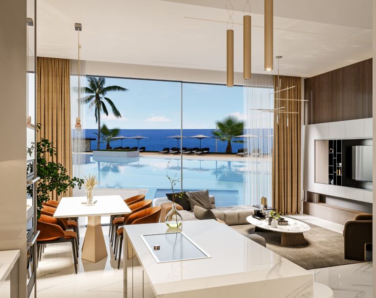 Elegancki salon z panoramicznym widokiem na morze w ekskluzywnym apartamencie na Cyprze Północnym