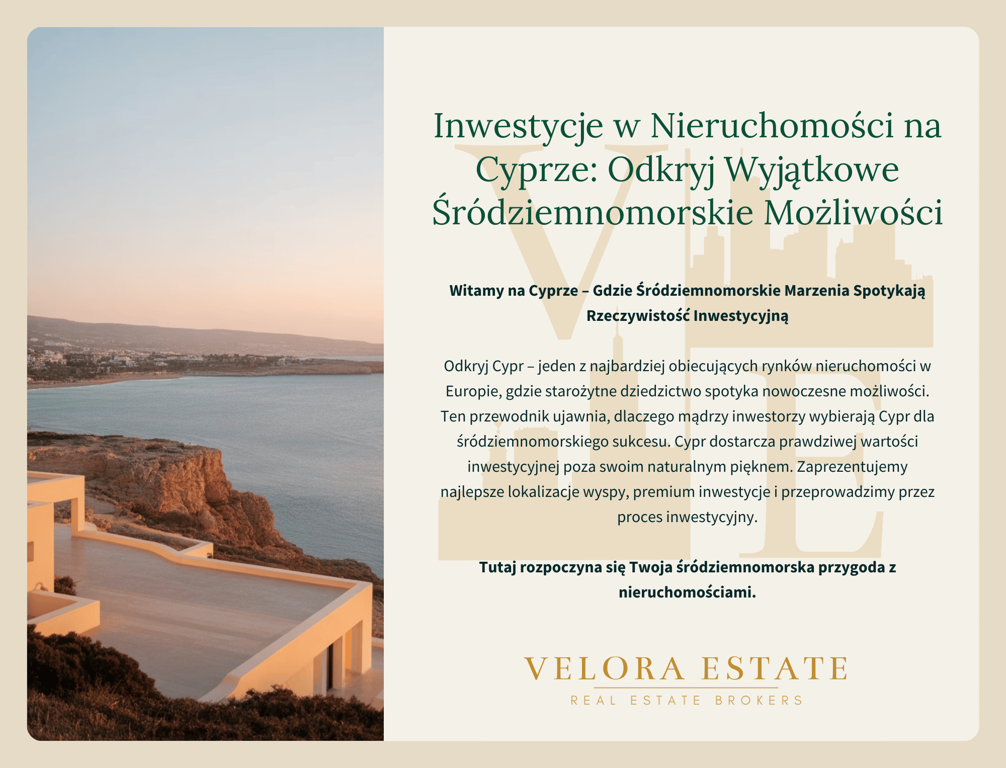 Zakup nieruchomości na Cyprze – katalog Velora Estate z lokalizacjami i informacjami o inwestowaniu w nieruchomości na Cyprze.