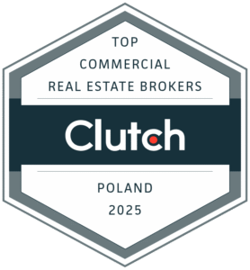 Odznaka nagrody Clutch 2025 z napisem "Top Commercial Real Estate Brokers Poland 2025" - wyróżnienie dla najlepszych brokerów nieruchomości komercyjnych w Polsce