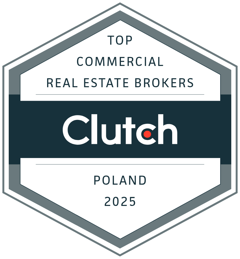 Odznaka nagrody Clutch 2025 z napisem "Top Commercial Real Estate Brokers Poland 2025" - wyróżnienie dla najlepszych brokerów nieruchomości komercyjnych w Polsce
