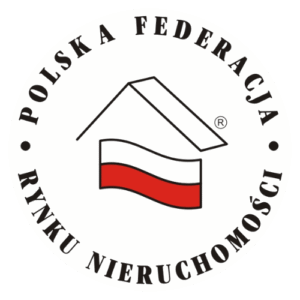 Logo Polskiej Federacji Rynku Nieruchomości z symbolem domu i polską flagą.