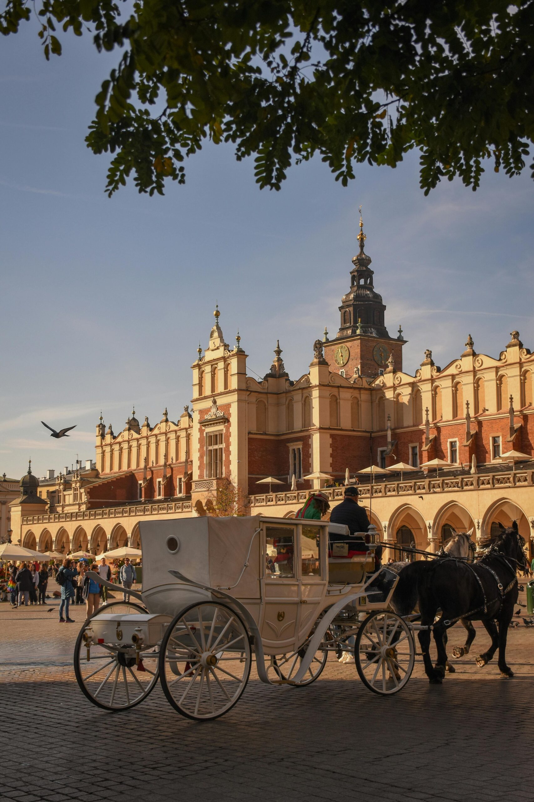 Renesansowe Sukiennice na krakowskim Rynku Głównym z Wieżą Ratuszową i tradycyjną dorożką. Serce Starego Miasta Krakowa wpisanego na listę UNESCO - główna atrakcja turystyczna miasta.