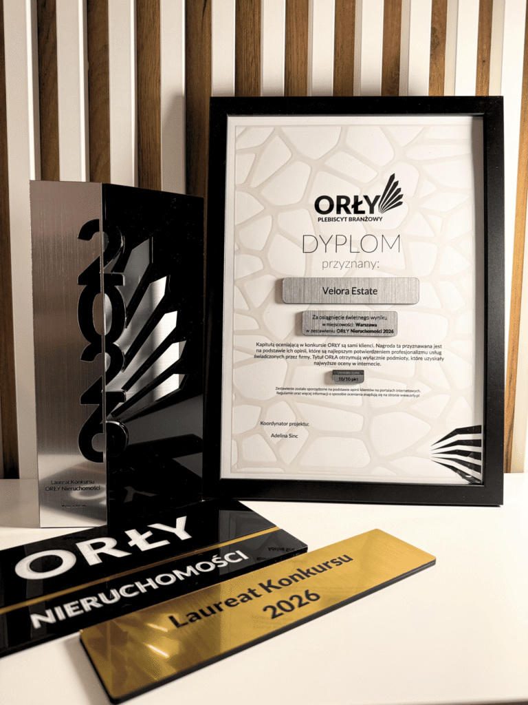 Orły Nieruchomości 2026 dyplom i statuetka Velora Estate - Laureat Konkursu plebiscyt branżowy, nagroda dla firmy nieruchomościowej, dyplom i trofeum za osiągnięcia w branży nieruchomości