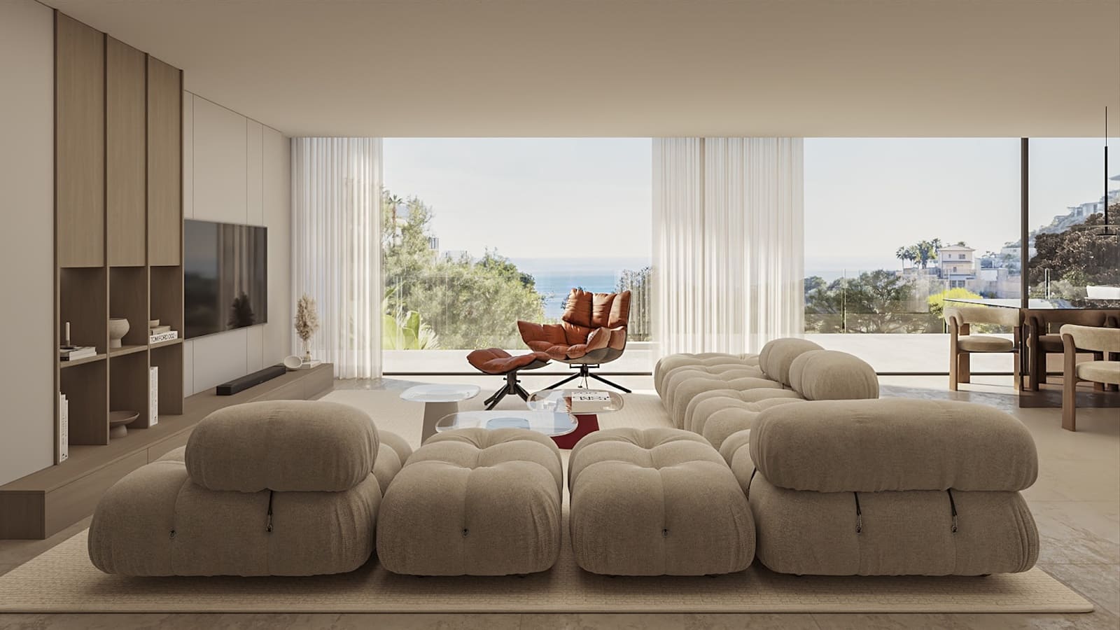 Apartament Hiszpania z widokiem na morze na sprzedaż - nowoczesne wnętrze z panoramicznymi oknami na Morze Śródziemne, luksusowy salon z designerskimi meblami, ekskluzywne mieszkanie z tarasem