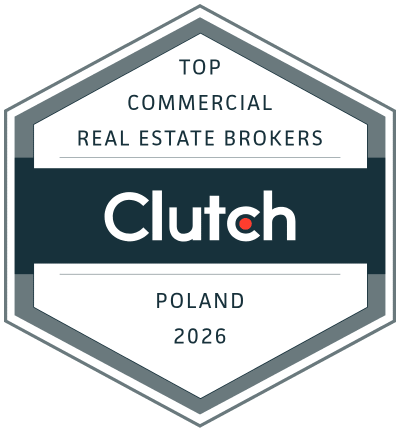 Odznaka nagrody Clutch 2025 z napisem "Top Commercial Real Estate Brokers Poland 2025" - wyróżnienie dla najlepszych brokerów nieruchomości komercyjnych w Polsce