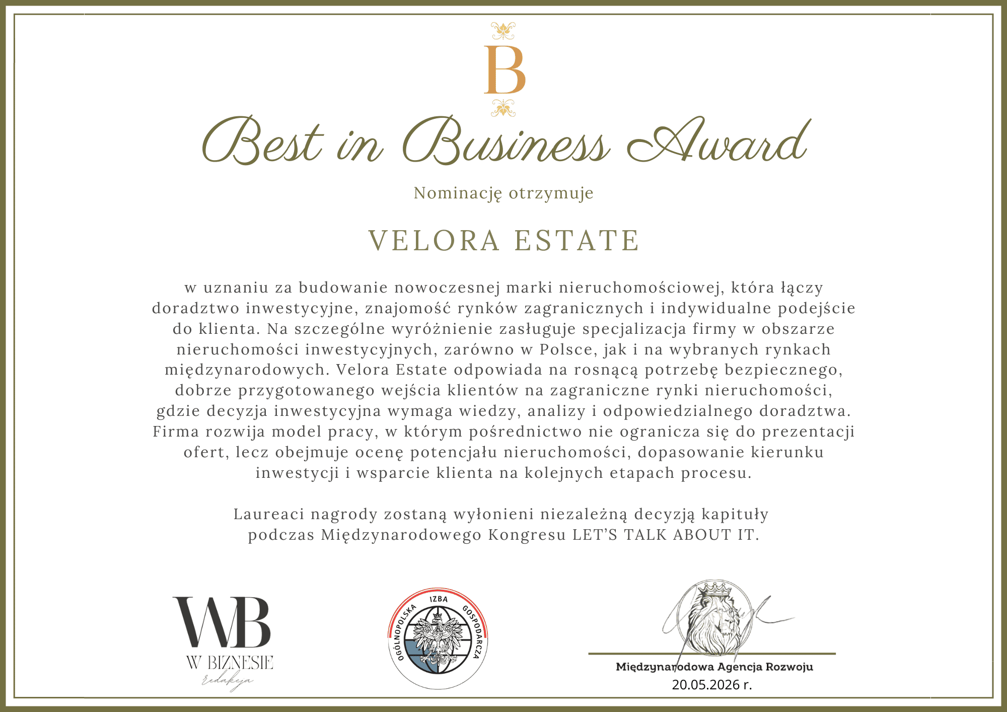 Nominacja Best in Business Award 2026 dla Velora Estate – wyróżnienie Ogólnopolskiej Izby Gospodarczej za doradztwo w nieruchomościach zagranicznych