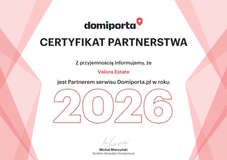Certyfikat Partnerstwa Domiporta.pl 2026 dla Velora Estate – autoryzowany partner serwisu nieruchomości w Polsce