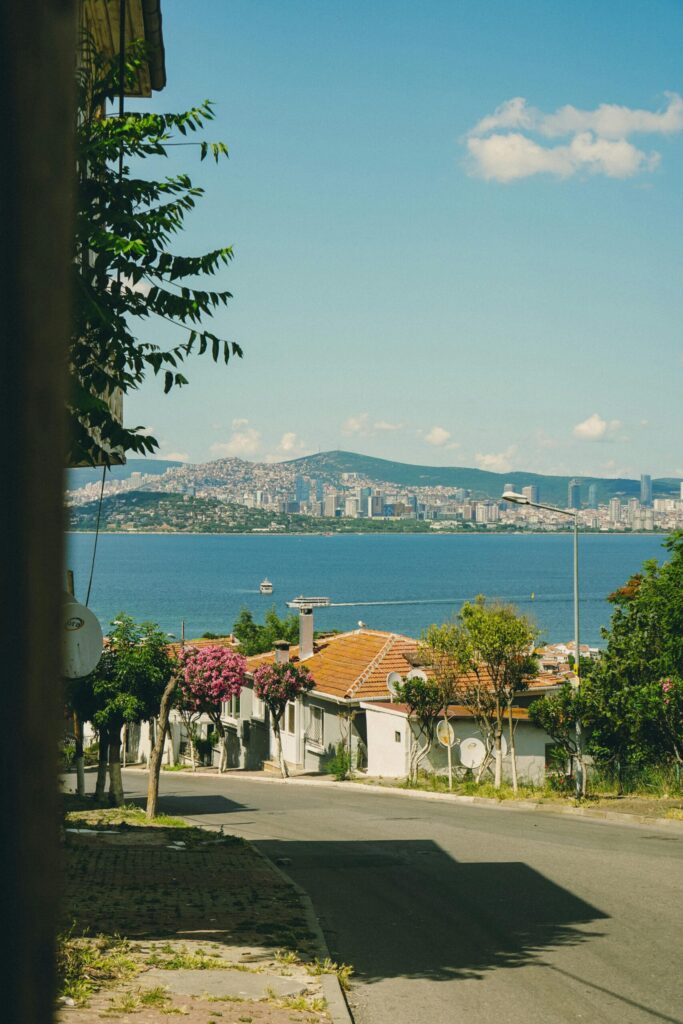 Turcja Izmir klimatyczna uliczka z widokiem na zatokę - tradycyjne domy z czerwonymi dachami i panoramą miasta nad Morzem Egejskim, autentyczna dzielnica mieszkalna z kwiatami bugenwilli, nieruchomości z charakterem program obywatelstwa