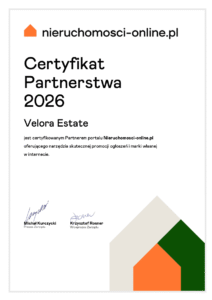 Certyfikat Partnerstwa 2026 portalu Nieruchomosci-online.pl dla Velora Estate – certyfikowany partner w promocji nieruchomości