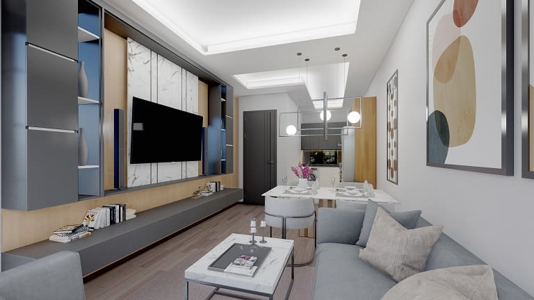 Nowoczesne wnętrze apartamentu w Turcji, luksusowy design - salon z aneksem kuchennym w stylu minimalistycznym, wysokiej klasy wykończenia z marmurem i drewnem, ekskluzywne mieszkanie z otwartą przestrzenią i designerskimi meblami